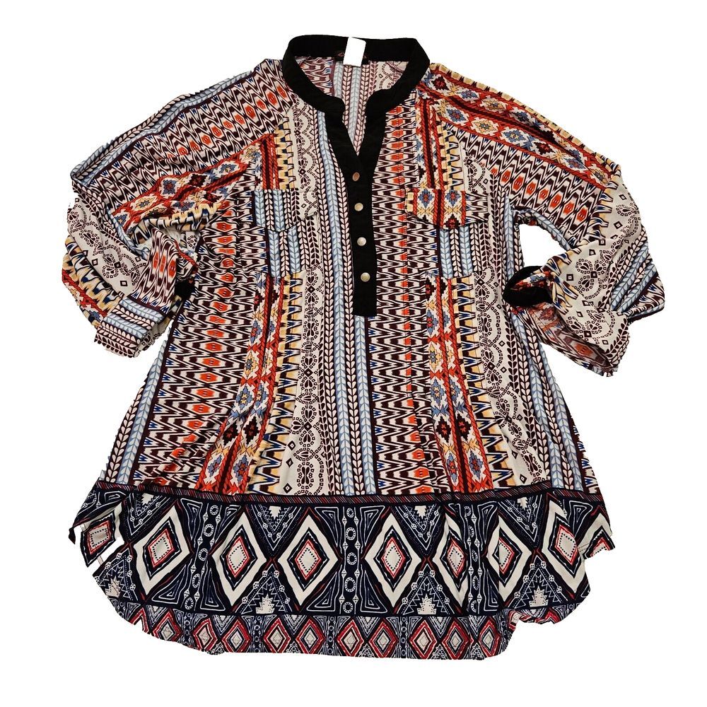 Cocomo Women's Multicolored Patterned 1/2 Button Up‎ Stretchy Blouse Sz 1X